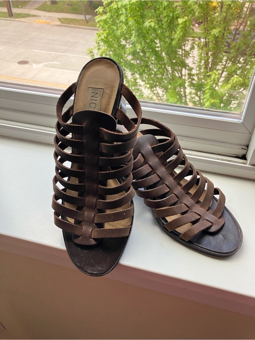Nicole Brown Strappy Block Heel Mules